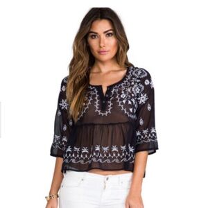 Free People Black Sheer Blouse with White Embroidery
